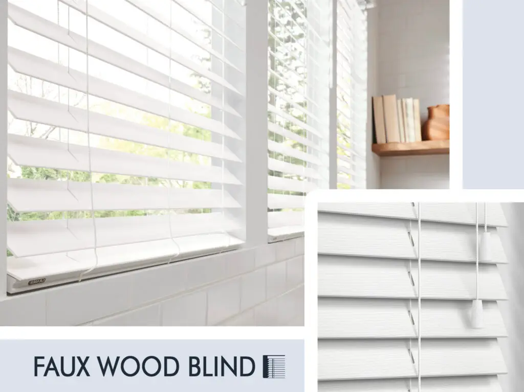 A room with large windows features white faux wood horizontal blinds. The wide slats of these blinds allow soft light to filter in. A small inset image focuses on their details, showing how they are tilted. In the background, books and decorative items adorn a shelf.